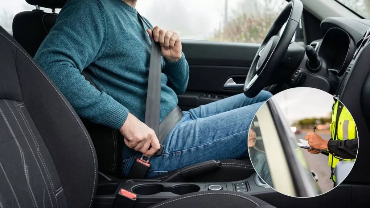 Person fastening seatbelt in car with inset showing police officer gesturing during traffic stop
