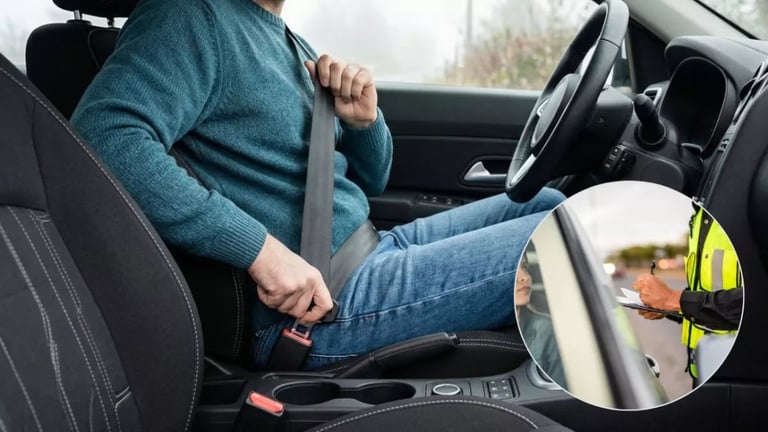 Person fastening seatbelt in car with inset showing police officer gesturing during traffic stop