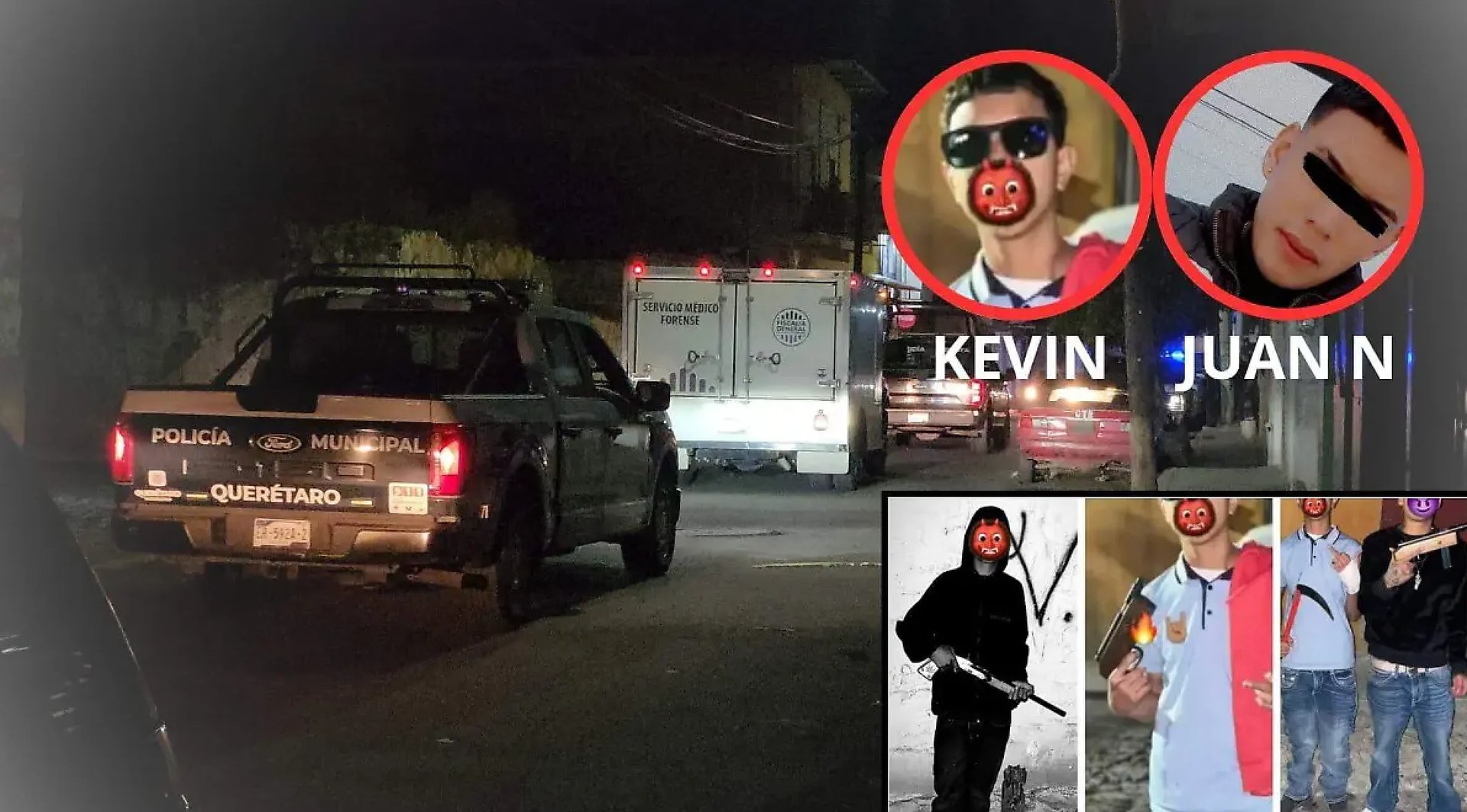 Police vehicle at night with inset photos of two suspects named Kevin and Juan N, plus additional photos of people and weapons